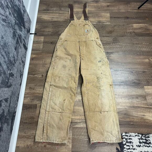 Vtg 80s Carhartt Double Knee Canvas Insulated Overalls Brown Mens (36X28) *READ - Picture 1 of 16